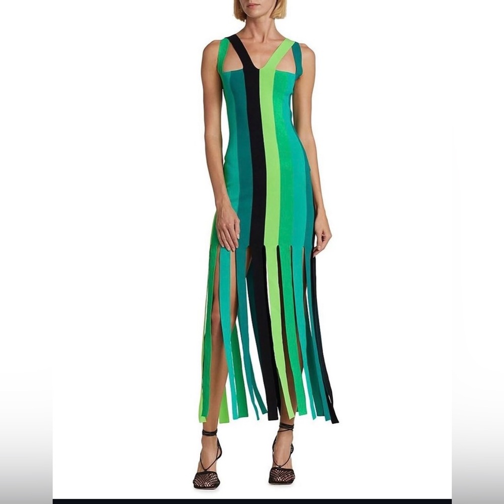 Green & Teal Striped Fringe Maxi Dress